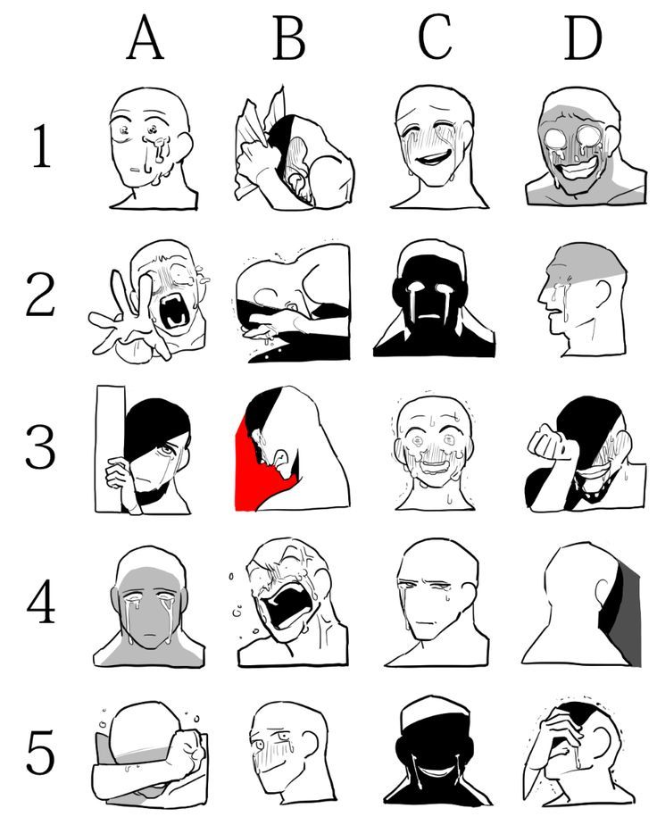 a black and white grid depicting various emotional expressions of anime or manga style characters. the grid is labeled a to d horizontally and 1 to 5 vertically. each cell contains a headshot drawing of a character showing a different emotion through facial expressions and poses, including crying, despair, anger, and happiness. some expressions are extreme and exaggerated.