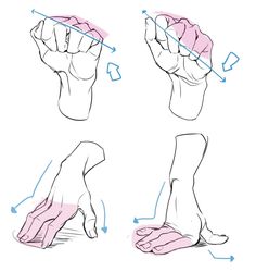 the image consists of four black and white illustrations depicting a person's hand in various positions. the illustrations appear to be part of a tutorial on drawing hands, with pink highlights and blue arrows indicating key points and movements. the drawings showcase different perspectives, including side and top views, and emphasize anatomical details of the hand.