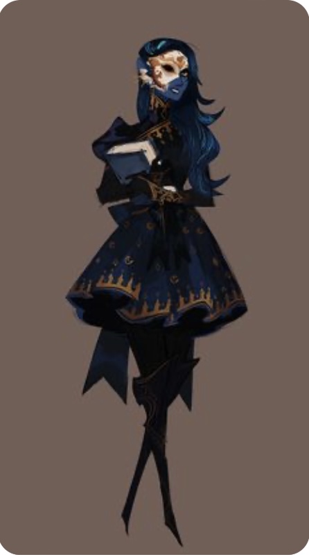 a fulllength character illustration showcasing a slender woman with blue skin and long, flowing blue hair. she wears an elaborate blue dress with gold accents, a highcollared jacket, and tall boots. a large blue ribbon adorns her waist, and she holds a book with a green cover. her face is concealed by a white and gold mask.  the background is a solid tan color.