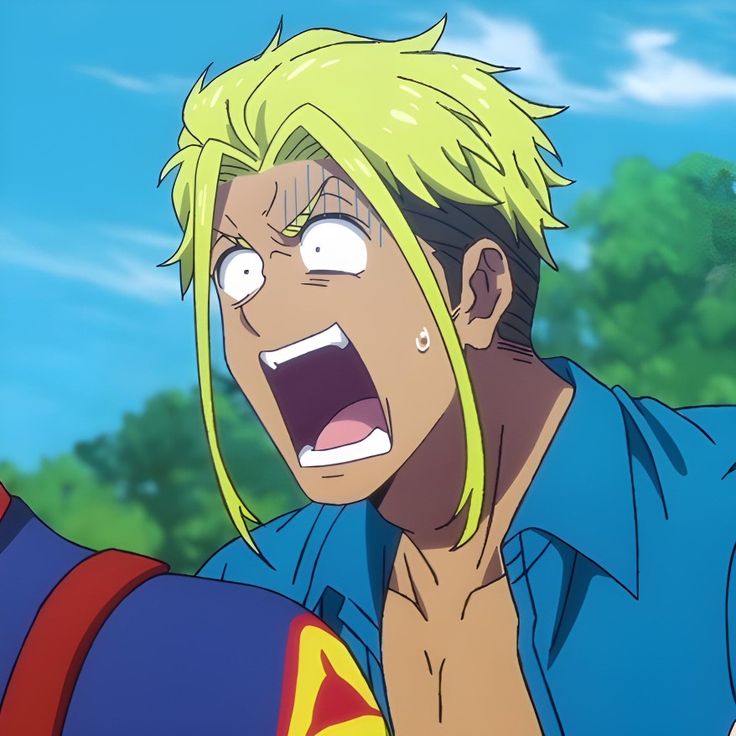 a close up shot of an anime male character with bright yellow hair. the character is wearing a blue shirt,  has his mouth wide open, and looks shocked or surprised. the character's eyes are wide open, and  he appears to be looking at something off screen.  the background is of a blurry green grassy area and a blue sky.
