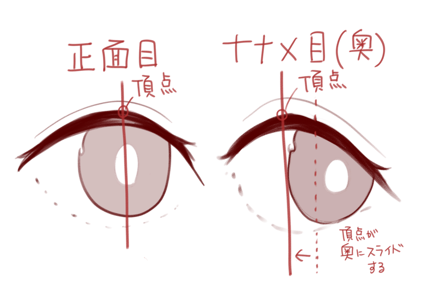 the image presents a tutorial on drawing anime eyes from different perspectives.  it shows two examples: a frontfacing eye (正面目) and a threequarter view eye (十十×目(奥)).  vertical lines indicate the central axis of each eye. the difference is highlighted – in the threequarter view, the pupil and iris appear shifted slightly toward the inner corner of the eye, creating depth.  japanese text annotates the image, labeling key points like "頂点" (apex) and explaining that the apex moves inward to create the threequarter view effect ("頂点が奥にスライドする"). the tutorial shows the artist's work in progress and suggests a method for creating realistic anime eyes with depth.