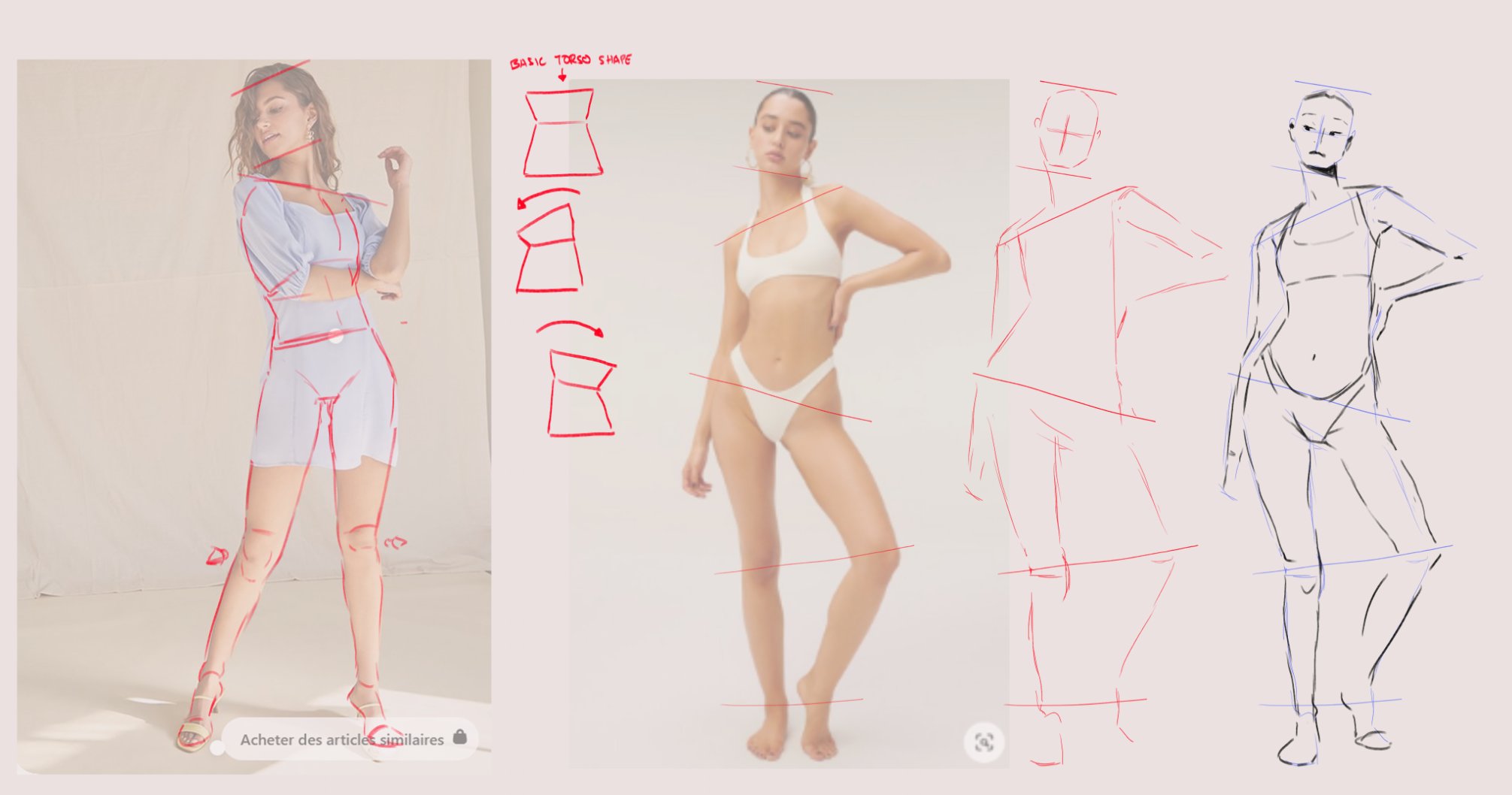 a digital illustration tutorial depicting the process of drawing a female figure.  the image is divided into three panels, each showing a different stage of the drawing.  the first panel features the reference image, a photograph of a woman posing in a studio setting.  the second panel shows the figure broken down into basic geometric shapes to help with proportions and pose.  the third panel shows a more developed line drawing of the figure. red lines are used throughout the panels to demonstrate alignment and proportions.