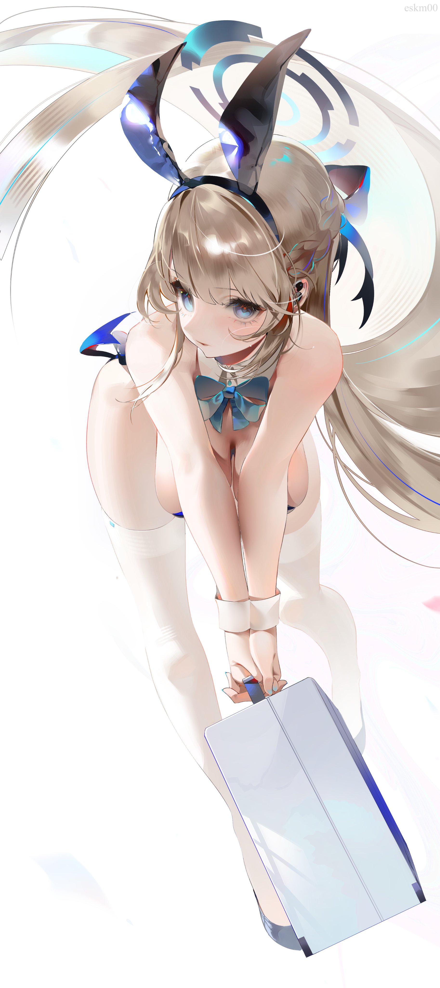 the image showcases a digital illustration of an anime girl styled as a bunny girl.  she has long, light blonde hair and is wearing a white bunny suit with blue accents and a matching bow. her bunny ears feature a futuristic, technological design with glowing blue elements. she is carrying a sleek, light gray briefcase, and her overall style blends cute features with a technological, almost cyberpunk aesthetic. the art style is soft and painterly, with a focus on light and shadow to create a dreamy atmosphere. the background is largely white, drawing focus to the character.