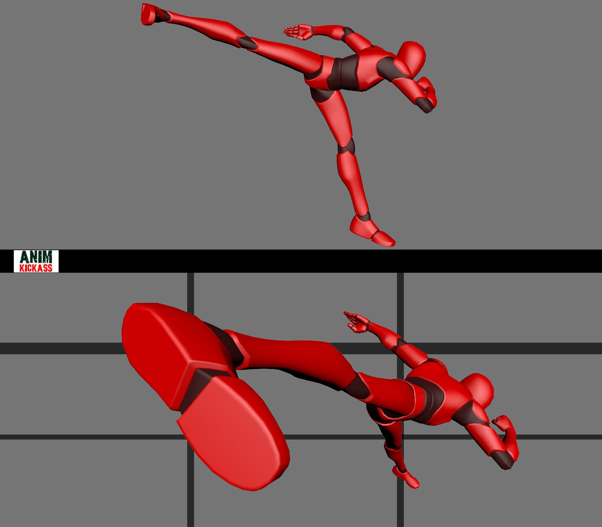 the image shows two 3d models of a red humanoid figure in kicking poses. the figure is in midair and appears to be performing a martial arts move. the top figure is in a side kick position, while the bottom figure is in a front kick position. the background is a simple grey with grid lines. the bottom left corner has the words "anim kickass."
