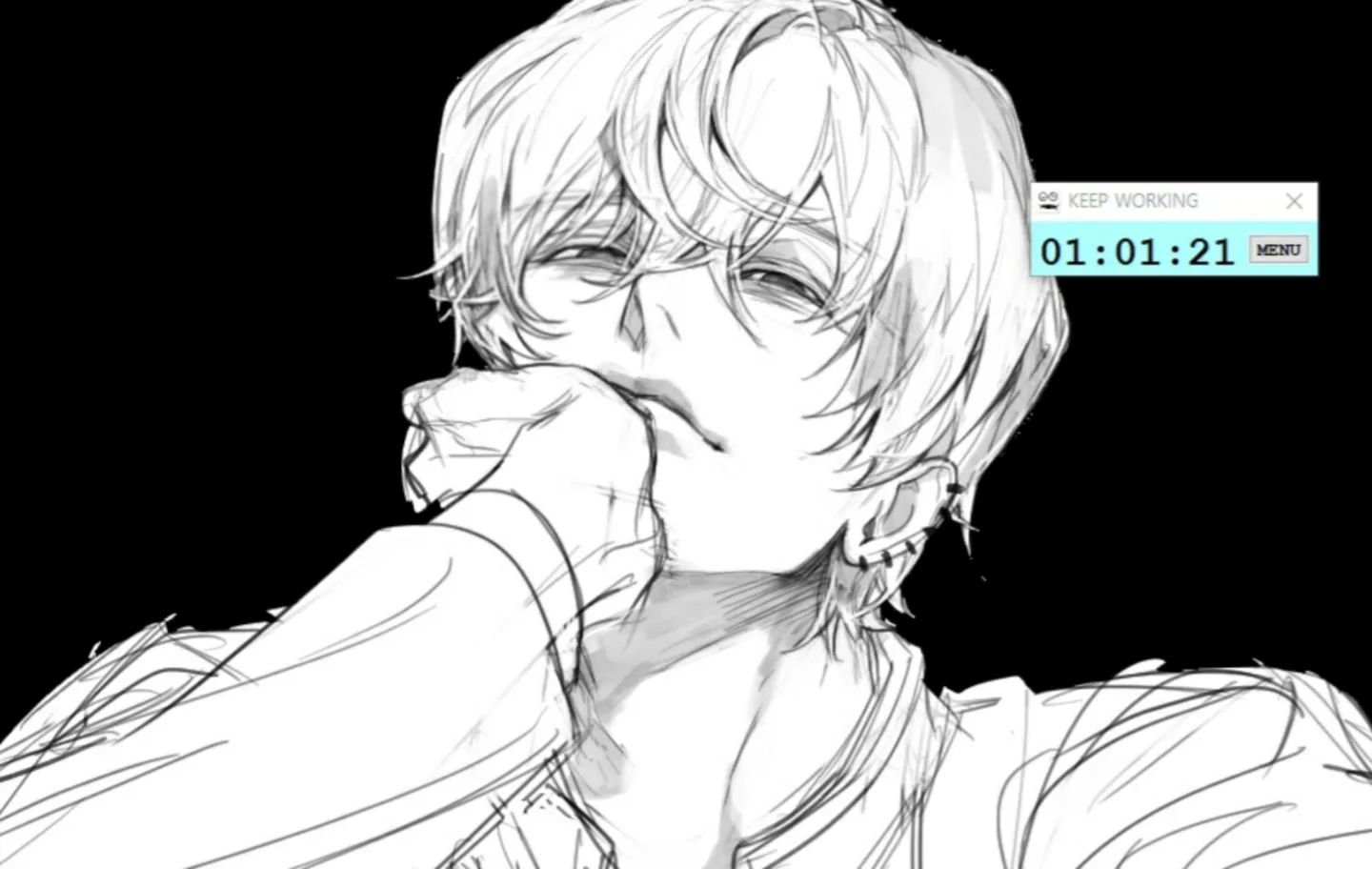 a monochrome drawing of an anime boy with his chin in his hand, looking down with a faint smile. he is wearing a jacket with a collar, and his hair is long and styled over his eyes. he is wearing earrings. there is a small window in the upper right corner with the time 01:01:21 in it.