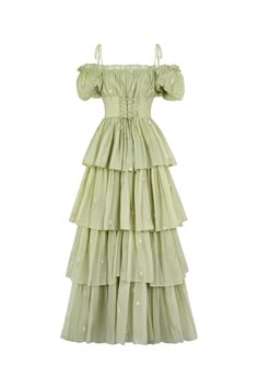 a pale green maxi dress with off the shoulder straps and ruffles. the dress is made of a light, flowing fabric and has a laceup bodice. the dress is perfect for a summer party or a formal occasion.