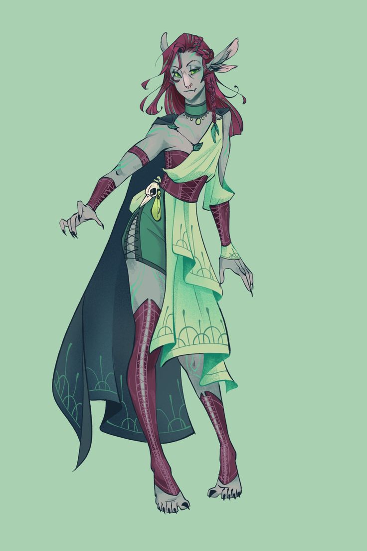 a full body illustration of a female elf character, she's standing with a cloak behind her, wearing a green and purple dress, and boots, she's looking left and seems to be walking.
