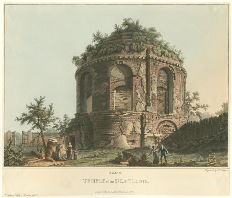 an antique drawing or print depicts the temple of the dea tussis in rome, italy. the ancient building, now in ruins, stands prominently, overgrown with greenery on its upper levels. several people are present, adding a human element to the scene. the artwork is rich in historical detail and architectural representation.