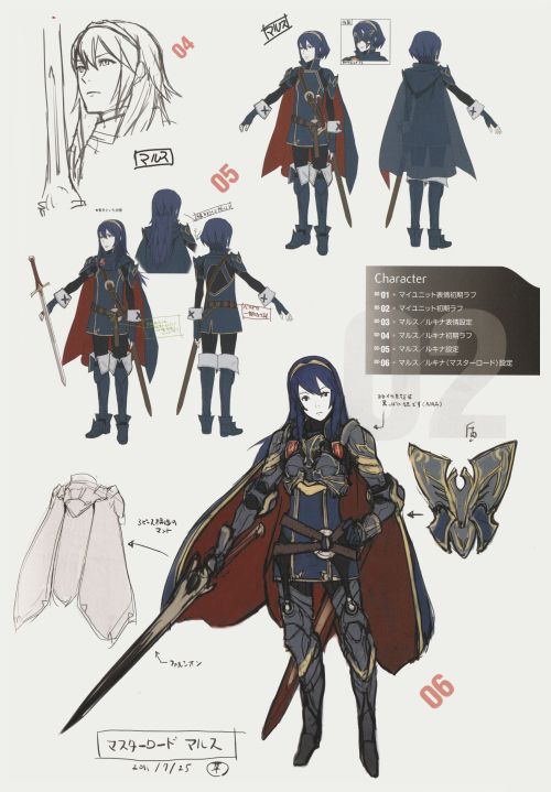 this image is a collection of concept art and character design sketches for the character marth and lucina from the fire emblem series.  it shows various stages of design, including early sketches, different outfit variations, and fully rendered character designs in different poses. the art includes annotations in japanese, likely detailing design choices and specifications.  several different versions of both marth and lucina are displayed, showcasing different armor styles, capes, and poses. there are also sketches of individual elements like the cape and a shield. the overall style is consistent with the art style of the fire emblem games.