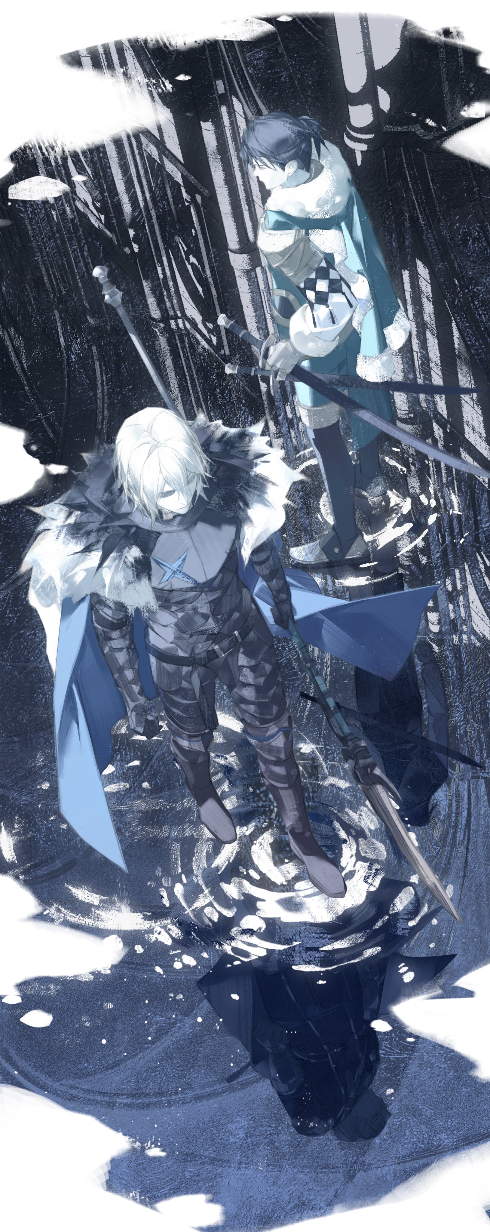 this image shows two anime characters in a fight. the female character in the back is wearing a white and blue outfit and holding a sword. the character in the front is wearing a black and blue outfit and holding a sword in one hand and is ready to attack. the two characters are in a snowy environment.