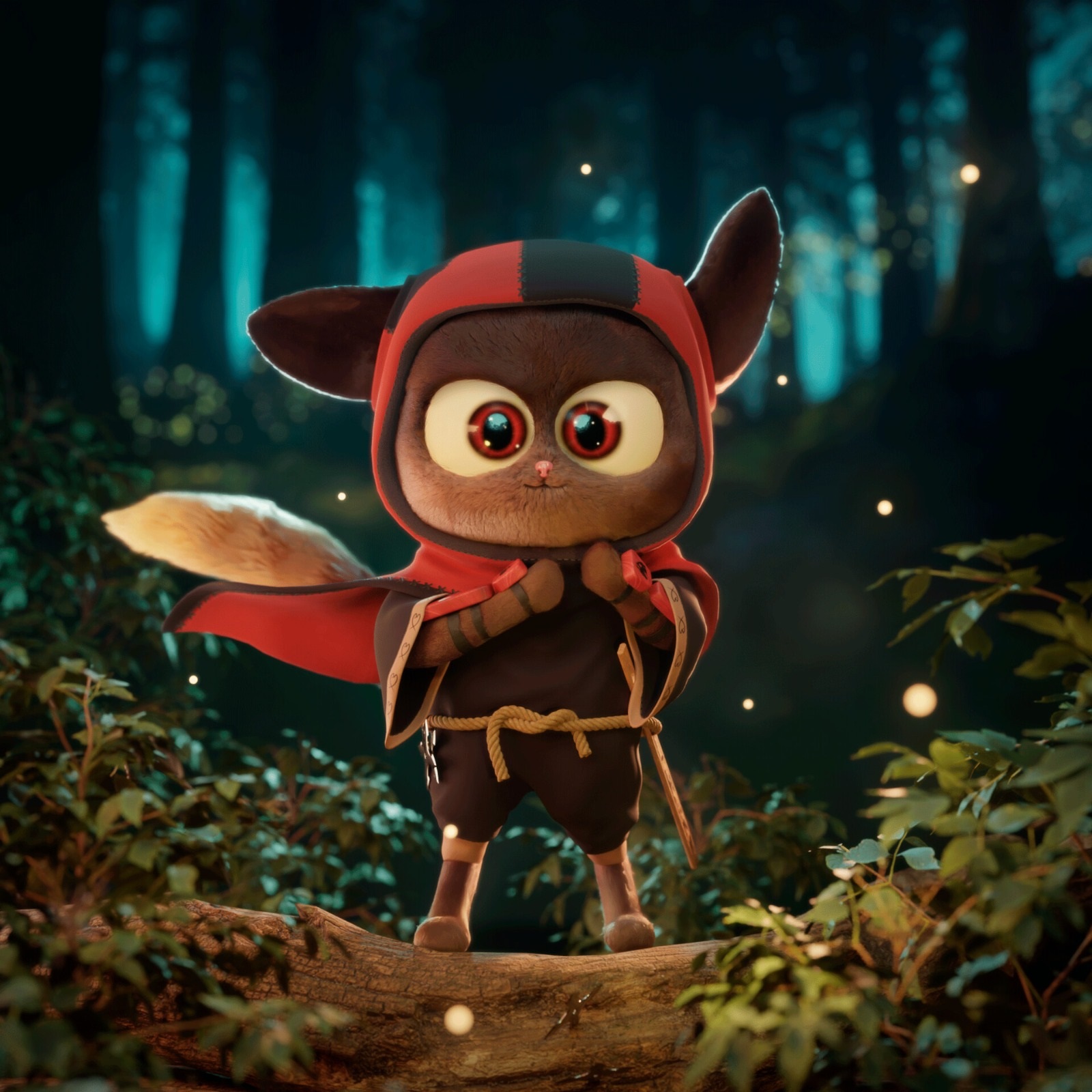 a cute, furry, fantasy creature that seems to be a mix of cat and fox is standing on a log in a forest. the creature is wearing a red hood and black clothing. the creature seems to be ready for a fight as its hands are balled into fists.  the environment is a forest at night with ambient light and fireflies lighting up the scene.