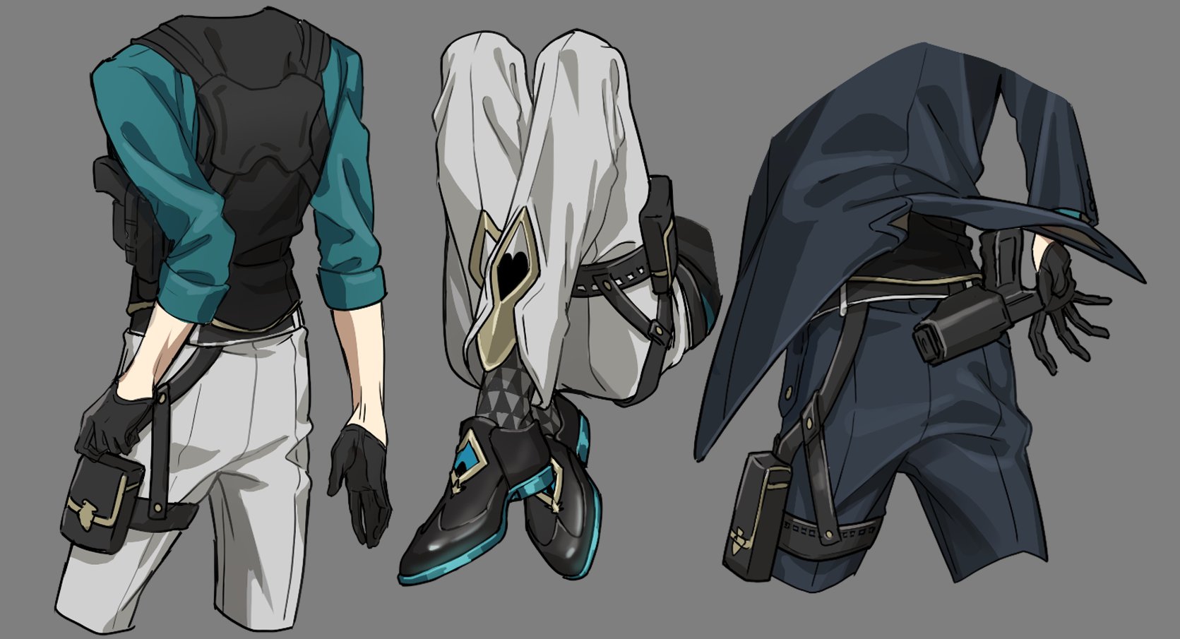 the image showcases three distinct anime character designs, each presented from a unique angle. the characters are depicted from the back, with their clothing and accessories meticulously detailed. the first character sports a teal shirt, black tactical vest, grey pants, and dark gloves, along with a leg holster. the second character is shown upside down, wearing light grey pants with unique gold accents, dark shoes with teal highlights, and patterned socks. the third character is dressed in a dark suit with a long coat, dark pants, and dark gloves. each character carries a unique weapon or device in a holster. the grey background keeps the focus on the characters and their detailed attire. the overall style is a blend of anime aesthetics with tactical and futuristic elements.