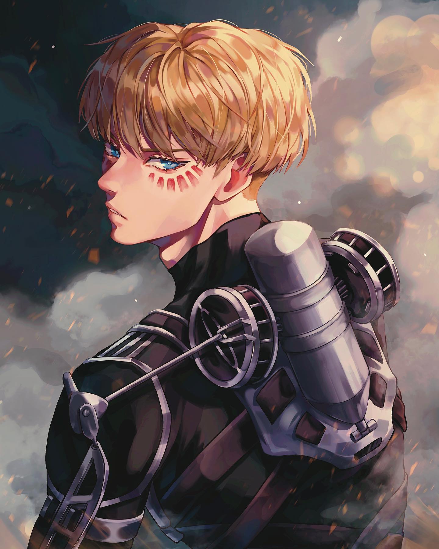the image is a digital painting or illustration in an anime style, depicting a young blondehaired male character. he has short hair, blue eyes, and distinctive red markings on his cheek. he's wearing a dark, detailed outfit reminiscent of steampunk or mecha designs, including shoulder armor and what appears to be a gas tank or propulsion system on his back.  the background is dark and smoky, with hints of fire or sparks, creating a dramatic and actionoriented atmosphere. the character's gaze is intense and directed away from the viewer, suggesting a moment of contemplation or readiness for action. the overall style bears resemblance to that of the anime series attack on titan.