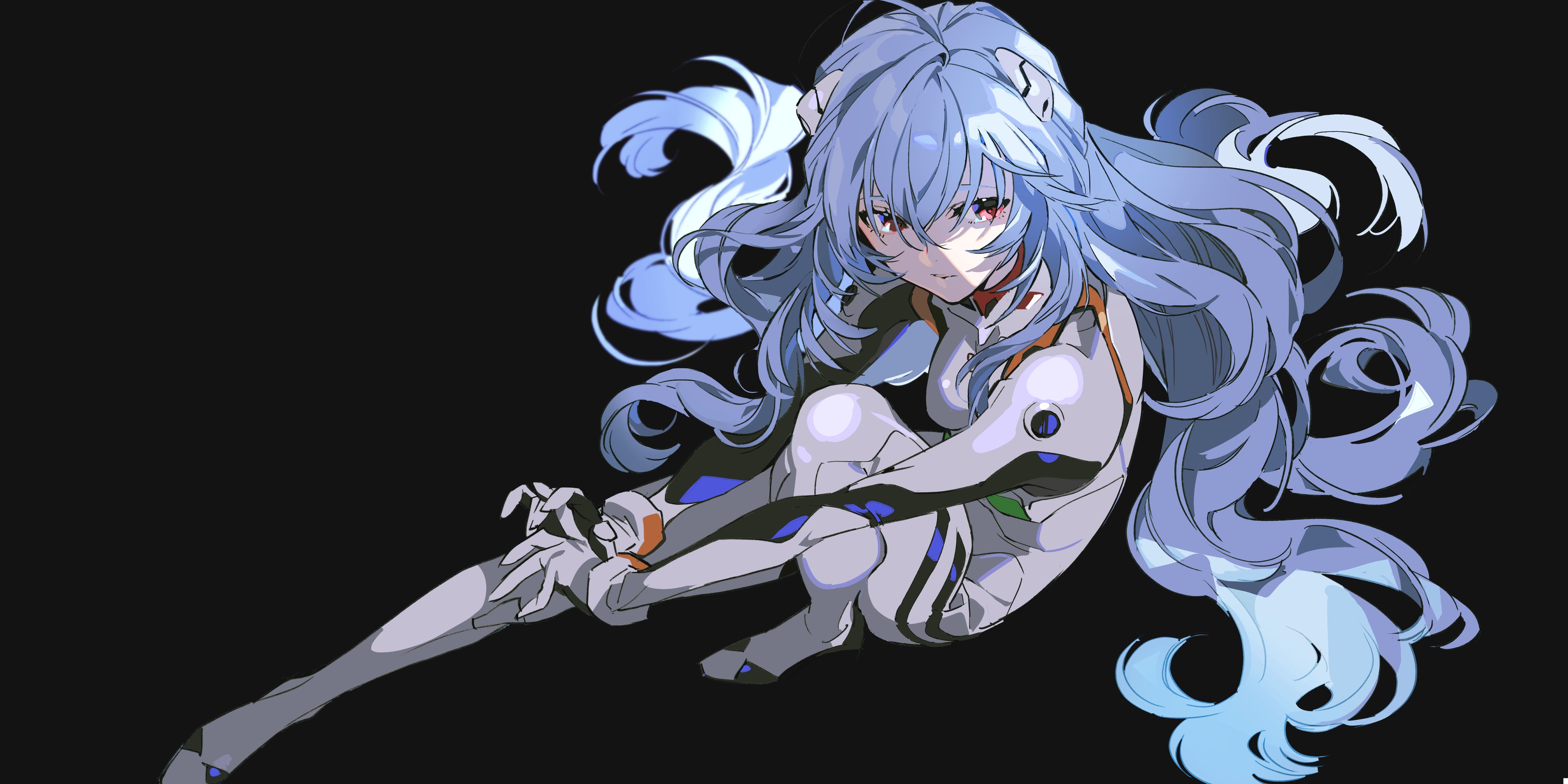 a digital illustration of an anime girl with long blue hair wearing a white suit with red eyes. the girl's hair is styled in a flowing way and her eyes are large and expressive. she is looking at the viewer with a slightly sad expression. the illustration is set against a black background.