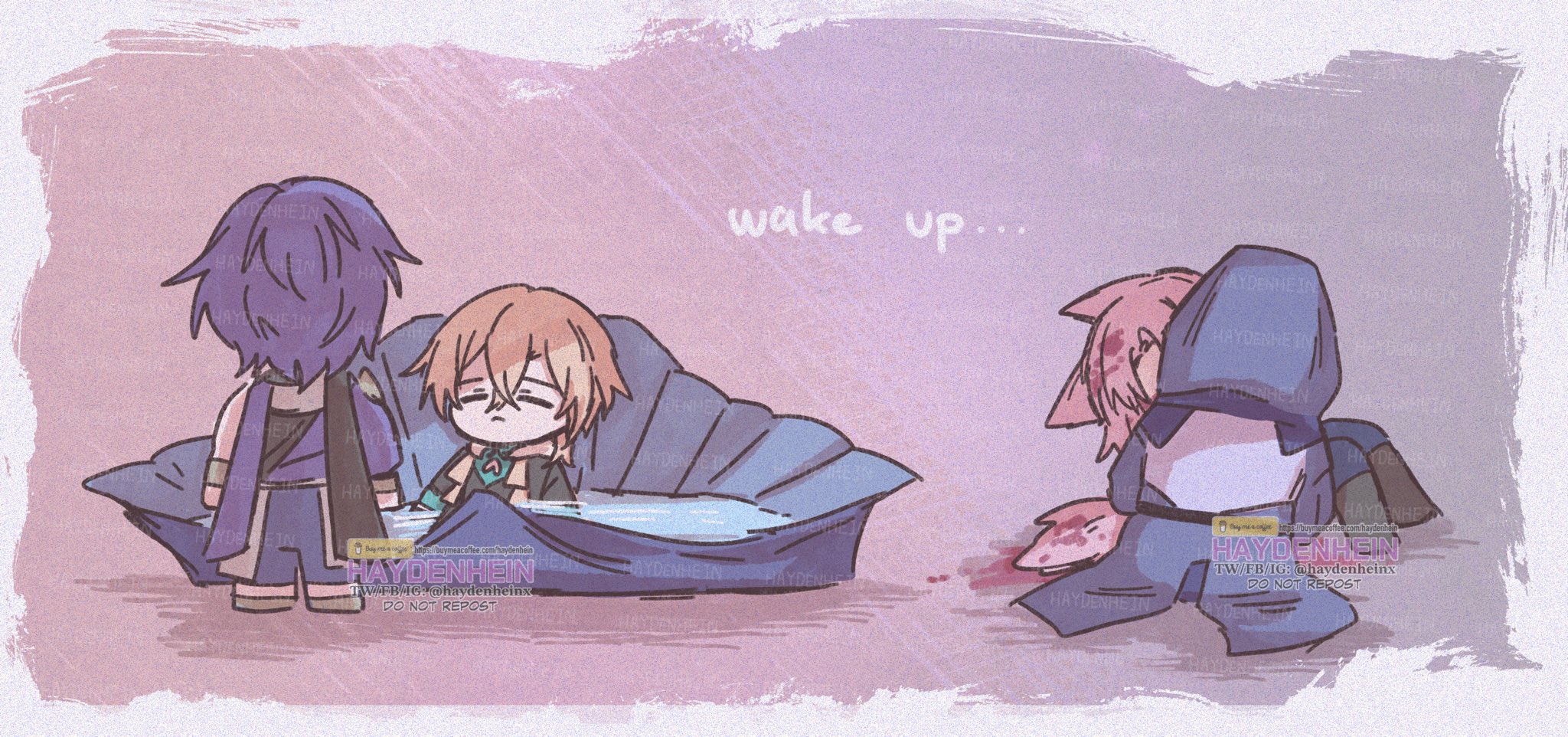 the image shows three anime characters. the one in the middle is sleeping in a blue seashell while the one on the left is looking at him, and the one on the right is waking him up. the characters are drawn in a chibi style and the colors are pink, blue, purple, and white. the image is set against a grey background with a slight pink hue. the image is cute and whimsical, and the characters are welldrawn and expressive.