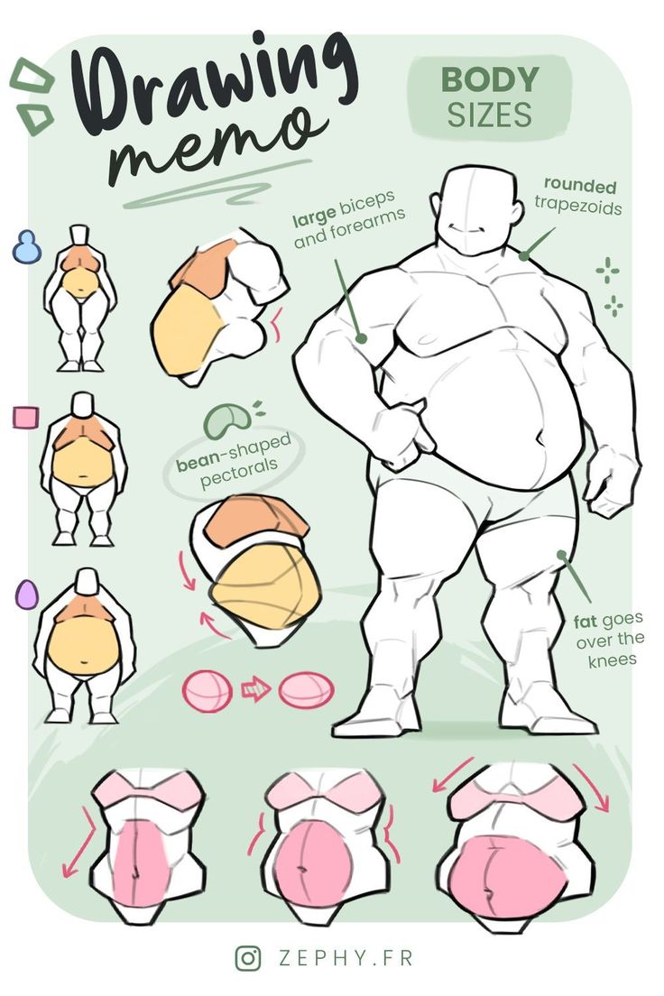 this illustration is a guide for drawing human bodies with different body sizes and proportions. it demonstrates how to represent muscular and fat distribution in a stylized manner. the image features multiple outlines of the human figure at various stages of development, including a simple silhouette, basic shapes, and more detailed forms.  it also showcases different body types, including a slim,  average and muscular body.