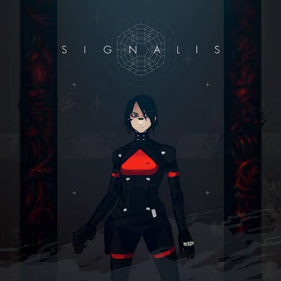 the image is the cover art for the video game signalis. it features a female android named elster in a black suit with a red triangle on the chest. she has short black hair and a stern expression. she is holding a handgun. above her is a geometric shape. the background is dark and ominous, with what appears to be a red fleshy mass on the left side. the title "signalis" is written across the top.