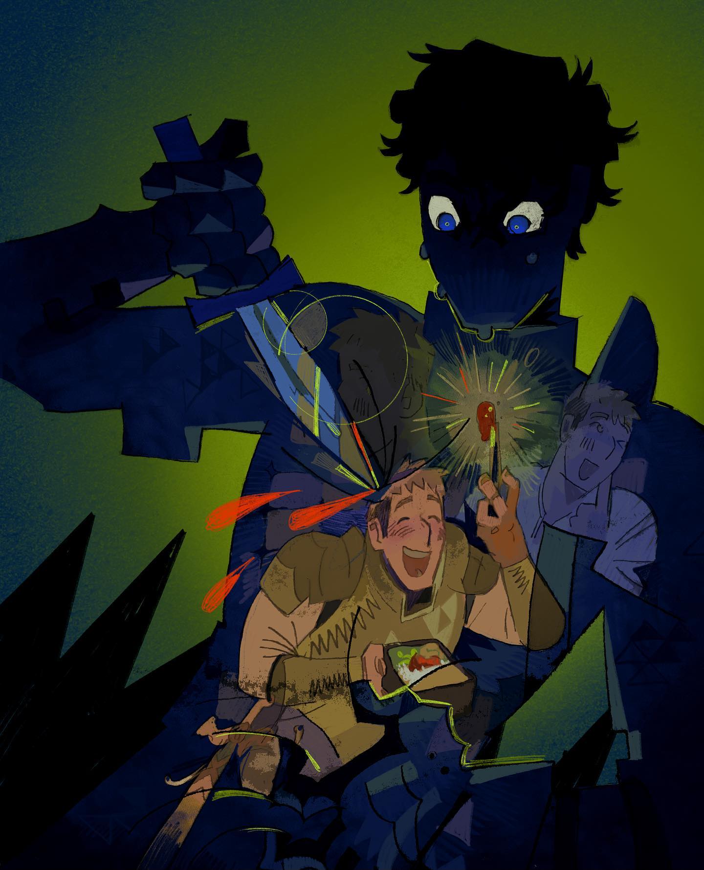 the digital illustration depicts a dramatic and violent scene. a shadowy figure, predominantly dark blue and black, is silhouetted in the background, holding a dagger poised to strike. their wide, fearful eyes are the only fully visible facial features. the background figure appears to be stabbing a smaller, lighterskinned male character who is in the foreground, depicted in warmer, earth tones.  this foreground character is wearing armor, appears jovial and is eating from a bento box.  this juxtaposition of happiness and imminent violence is striking. the style of the art blends fantasy elements with a comic bookstyle action sequence, emphasized through the dynamic lines, exaggerated expressions, and use of visual effects like red "impact" lines. there is a secondary figure partially visible behind the main victim, adding to the layered complexity of the scene and suggesting a multitude of characters involved in the narrative. the overall color palette is dark and moody, with splashes of brighter color strategically used to highlight key elements.