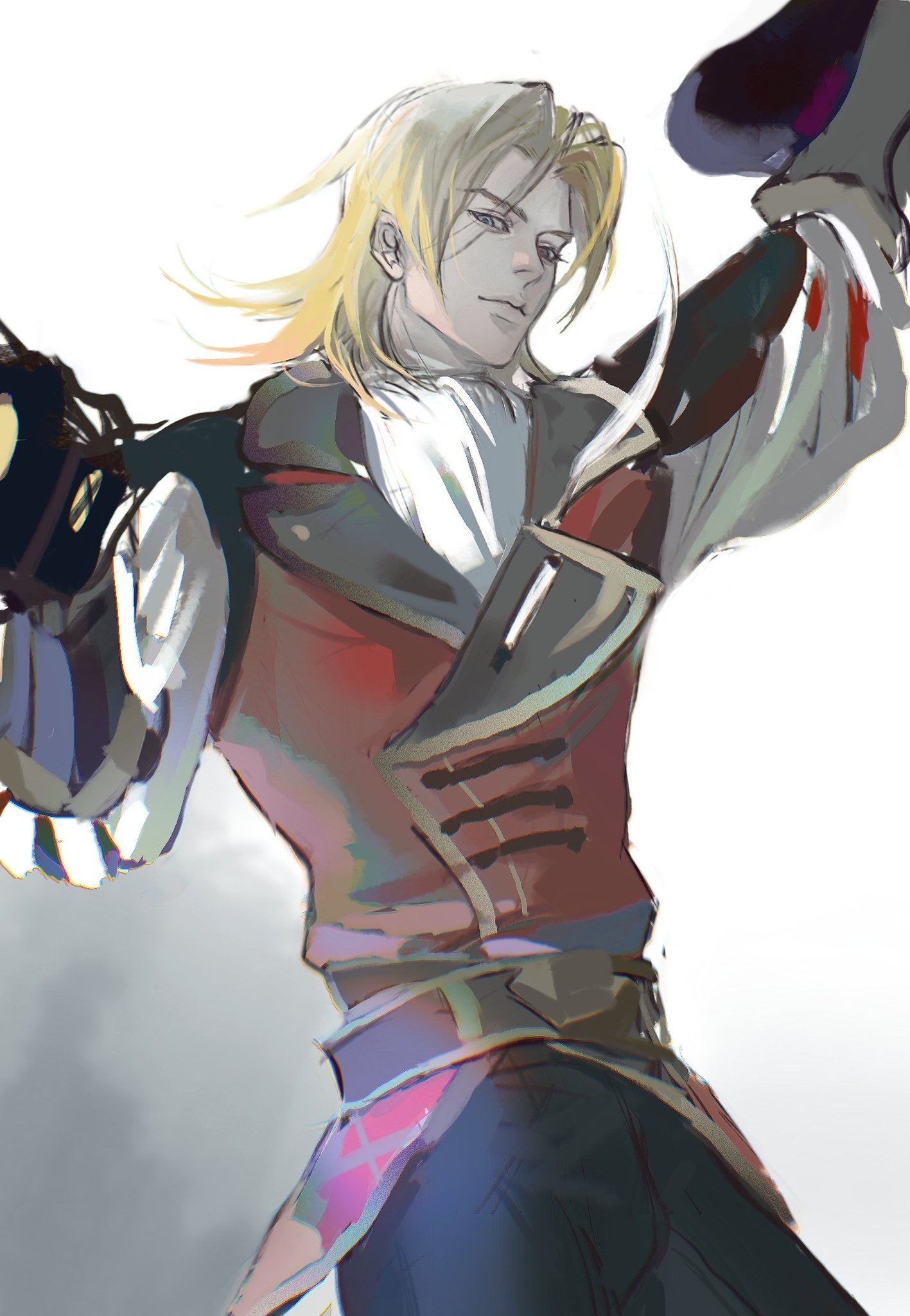 a digital illustration of a male anime character with blond hair wearing a red vest, a blue pants, and a purple shirt, with a black hat over his head, against a white background.