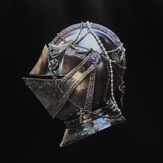the image showcases a meticulously crafted medievalstyle helmet set against a stark black background. it's adorned with intricate engravings, chains, and what appears to be precious stones, lending it an air of both battlereadiness and opulent grandeur. the dramatic lighting accentuates the helmet's metallic sheen and the fine details of its design.