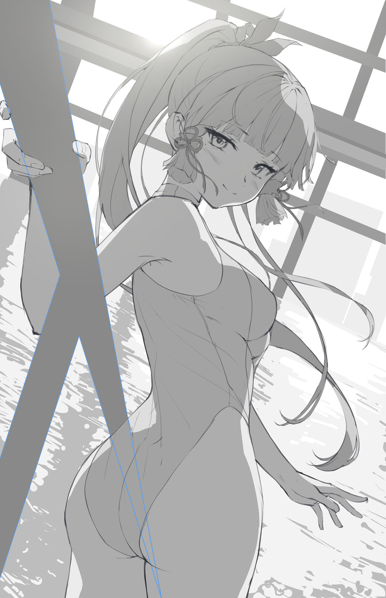 the image is a grayscale sketch or drawing of an animestyle young woman. she's depicted wearing a onepiece swimsuit and has long hair tied back in a high ponytail. she's posed in a threequarter view, turned slightly away from the viewer,  her hand resting on a large, vertical, grey object (perhaps a surfboard or part of a building). the background suggests she's near a pool or body of water, with blurry lines indicating the water's surface. the style is somewhat loose and sketchy, focusing more on the overall form and pose than precise details. the light source is implied from above and to the side, casting gentle shadows. the overall feel is elegant and somewhat sporty.