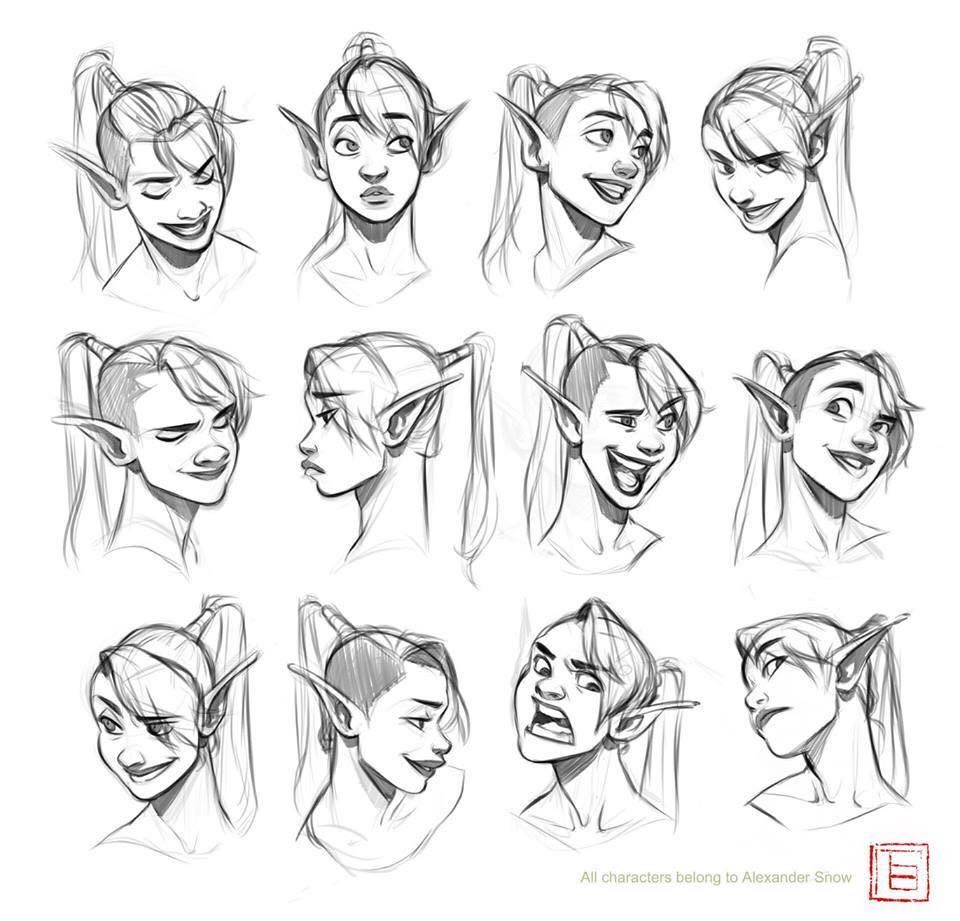 the image showcases twelve pencil sketches of an elf girl's head from various angles and displaying a range of emotions. each sketch focuses on the character's facial features and expressions, demonstrating different viewpoints (side profiles, front views, and threequarter views). the style is loose and expressive, typical of character design sketches, implying a work in progress for a larger project. the sketches are presented in a grid format, each occupying a similar space.  a small watermark or signature "e" is visible in the bottom right corner, along with a caption crediting alexander snow as the creator of all characters. the overall impression is one of dynamic character exploration and development.
