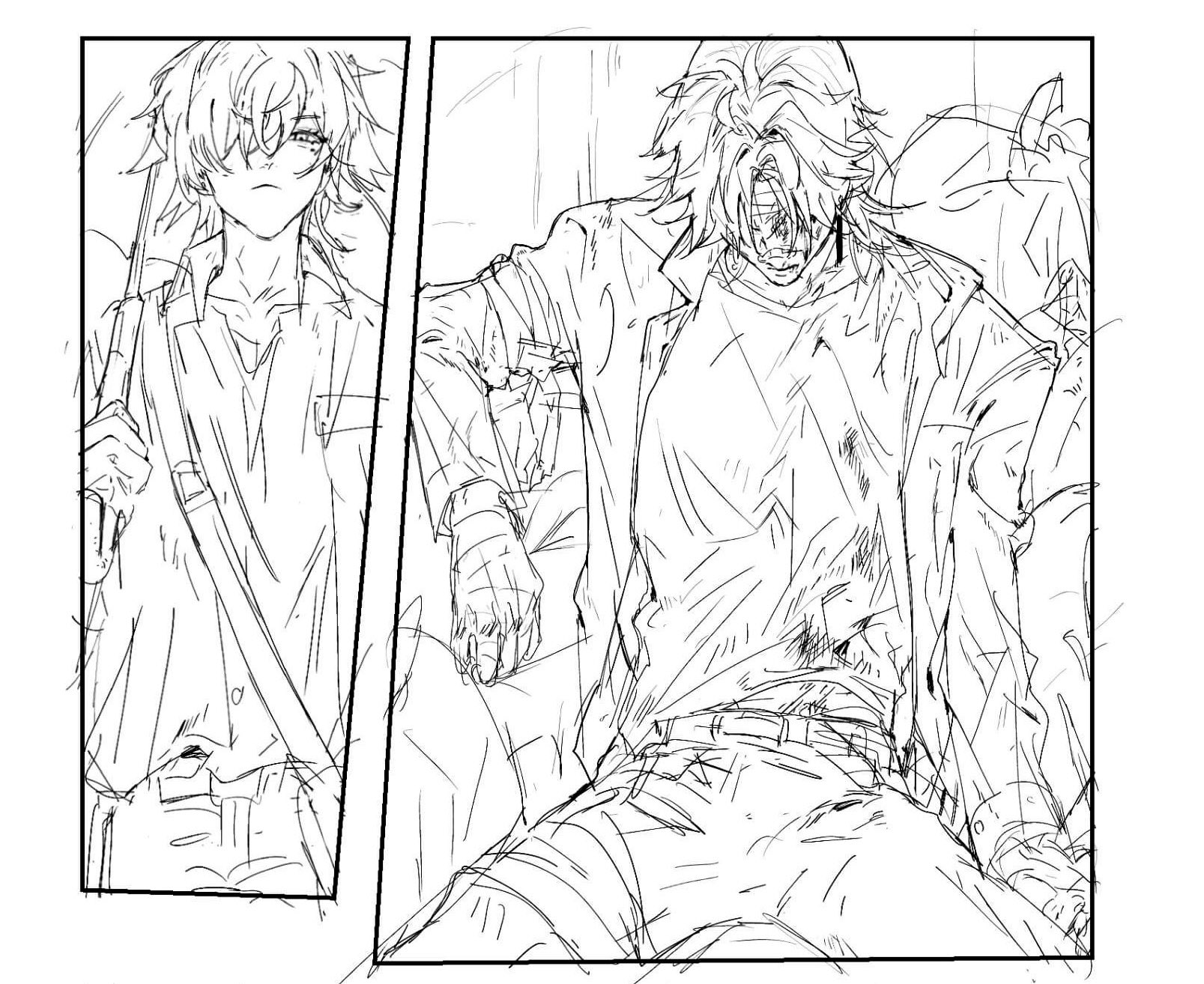 this is a manga style drawing of two male characters, one standing and the other sitting, in a casual setting. they are likely having a conversation. the art style is rough and sketched, and the background is not fully rendered.