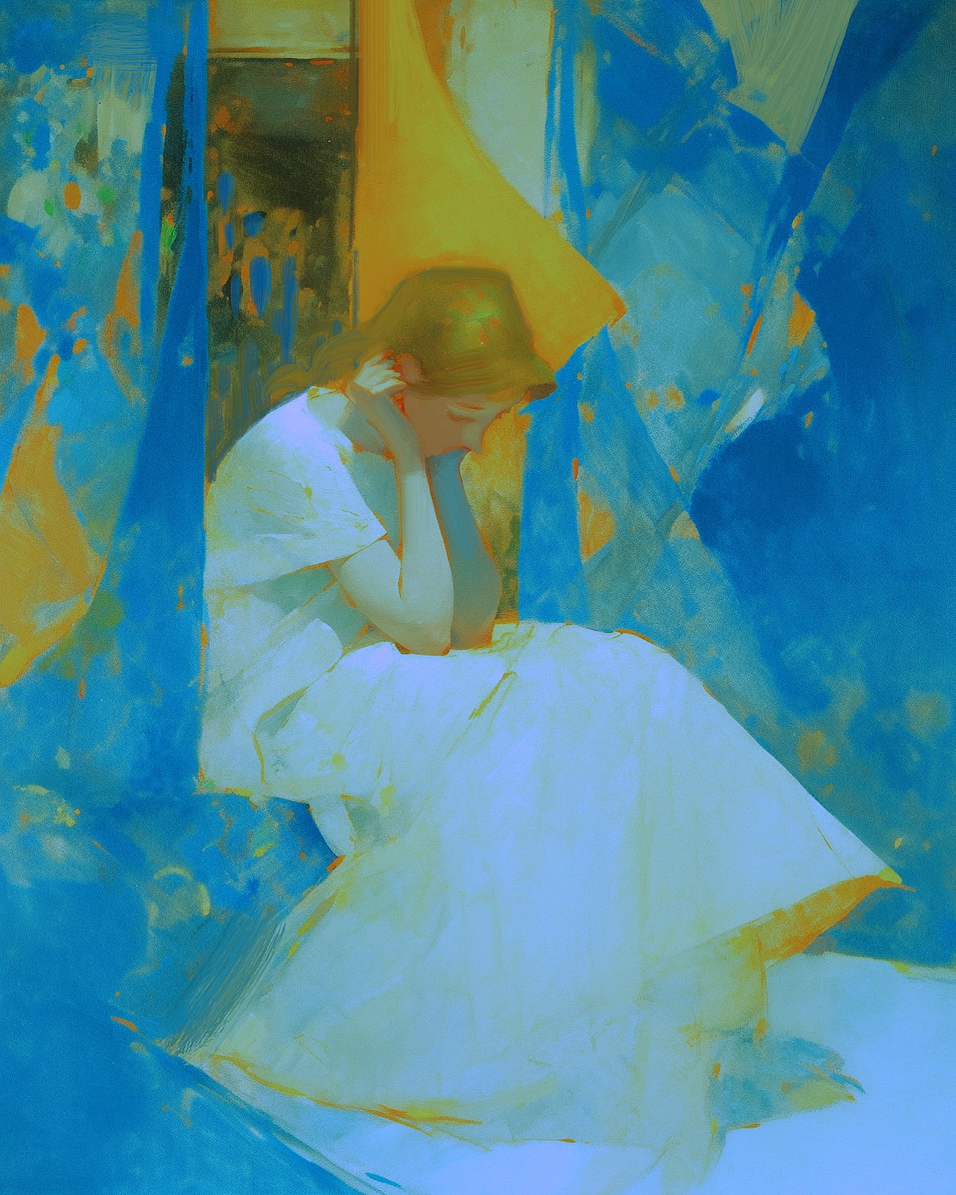 a woman in a white dress and a yellow hat sits in a pose of contemplation.  she is surrounded by a blue and yellow color palette,  and her posture is suggestive of sadness or melancholy. the painting has an impressionistic style with soft brushstrokes and a dreamy quality.  it evokes a sense of mystery and introspection.
