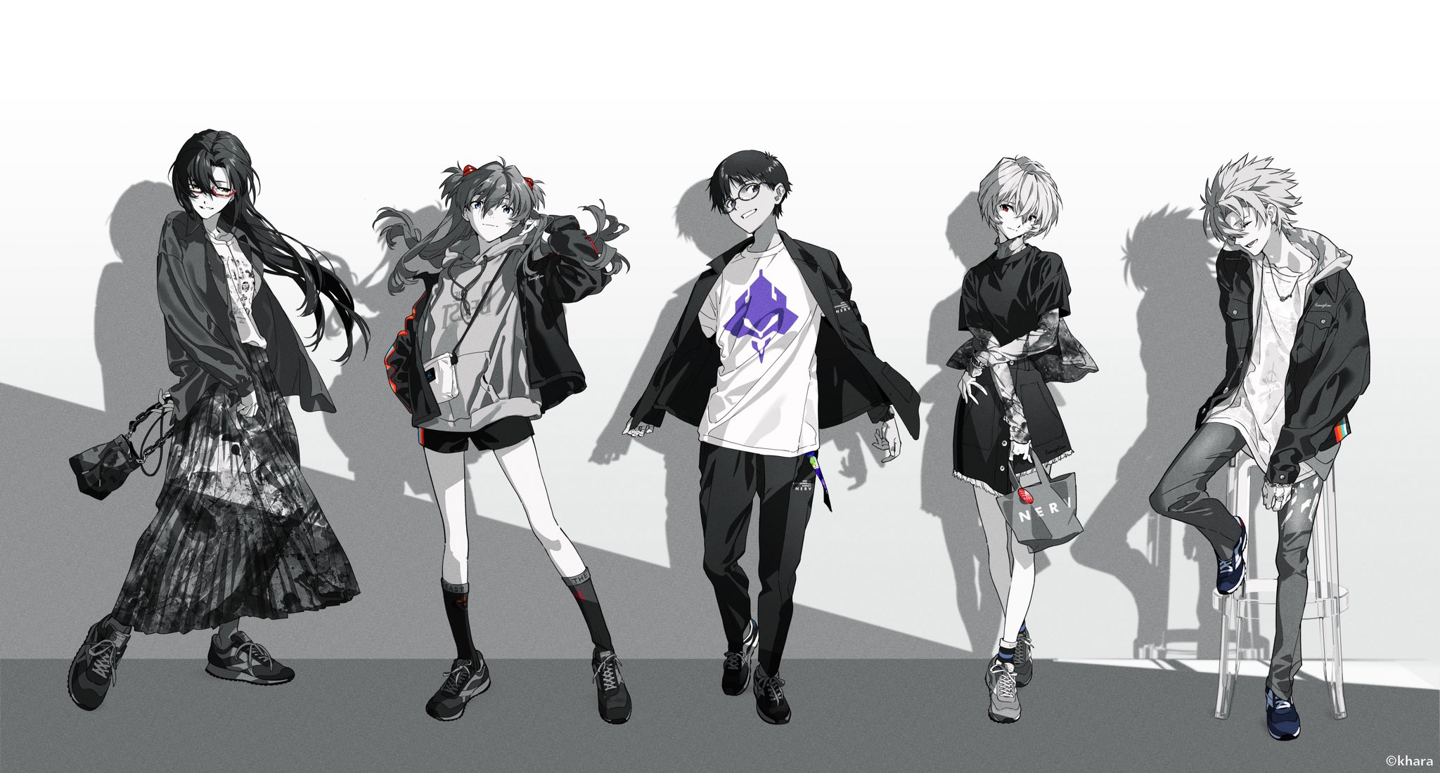 a group of five anime characters stand against a white background in stylish black and white casual streetwear outfits. they are all posing in different ways, with their clothing and hairstyles creating a dynamic and modern look. the characters are drawn in a detailed and expressive style, with their faces and bodies capturing a range of emotions. the overall image is sleek and cool, showcasing the unique blend of fashion and anime aesthetics.