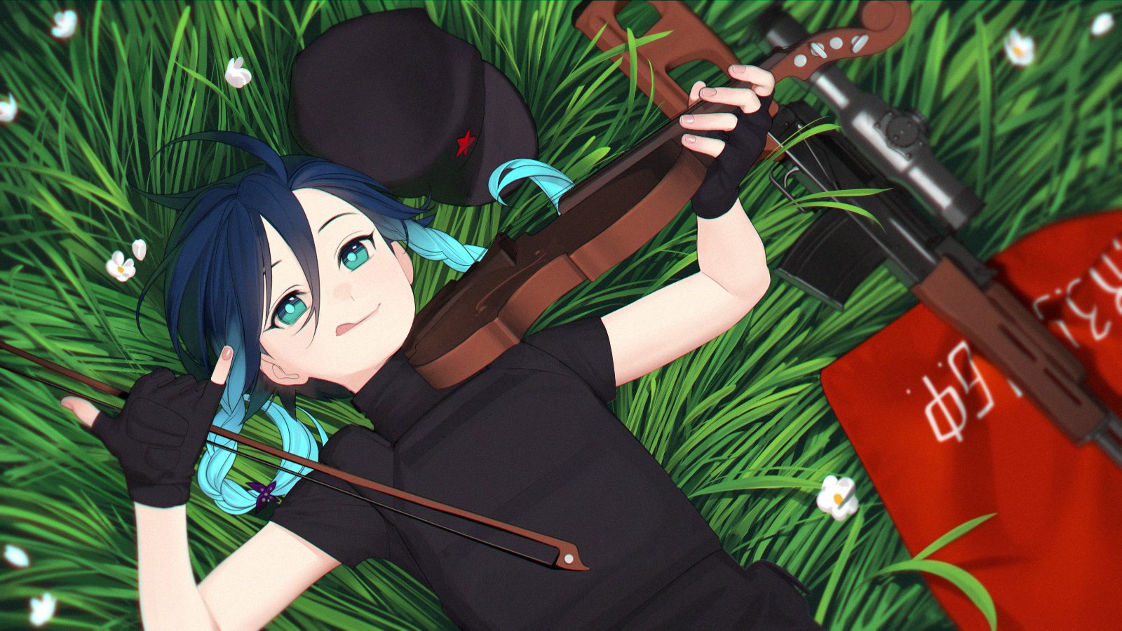 a smiling anime girl with blue hair, dressed in a black military uniform with a red star on her hat, lays amidst a vibrant green grassy field. she holds a violin in her hands as if playing it, while a sniper rifle rests beside her on the grass. a red flag with partially obscured chinese characters is also visible near the rifle, hinting at a potential military context. the girl's playful demeanor contrasts with the weaponry surrounding her, adding a layer of complexity to the scene. the soft lighting and the perspective from above enhance the serene atmosphere of the image.