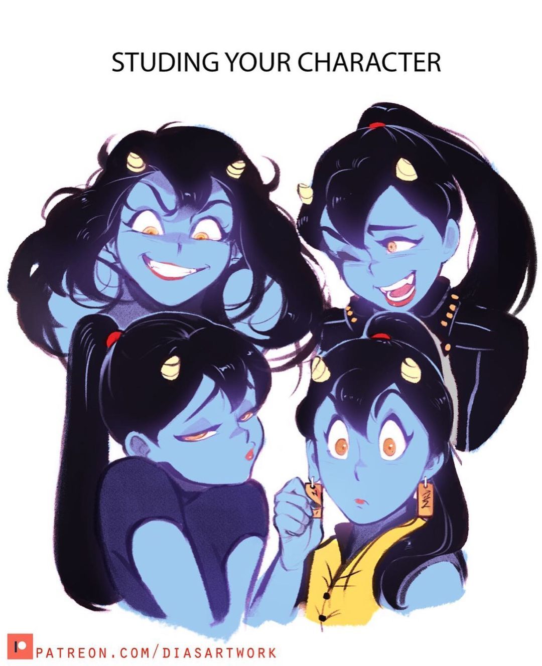 the image showcases four different facial expressions of the same female character. the character has blue skin, black hair tied up in a high ponytail, and small horns. she is drawn in a stylized, semirealistic manner. the expressions range from mischievous and playful to surprised and innocent. the illustration appears to be a character study, emphasizing the personality and range of emotions the character can convey.