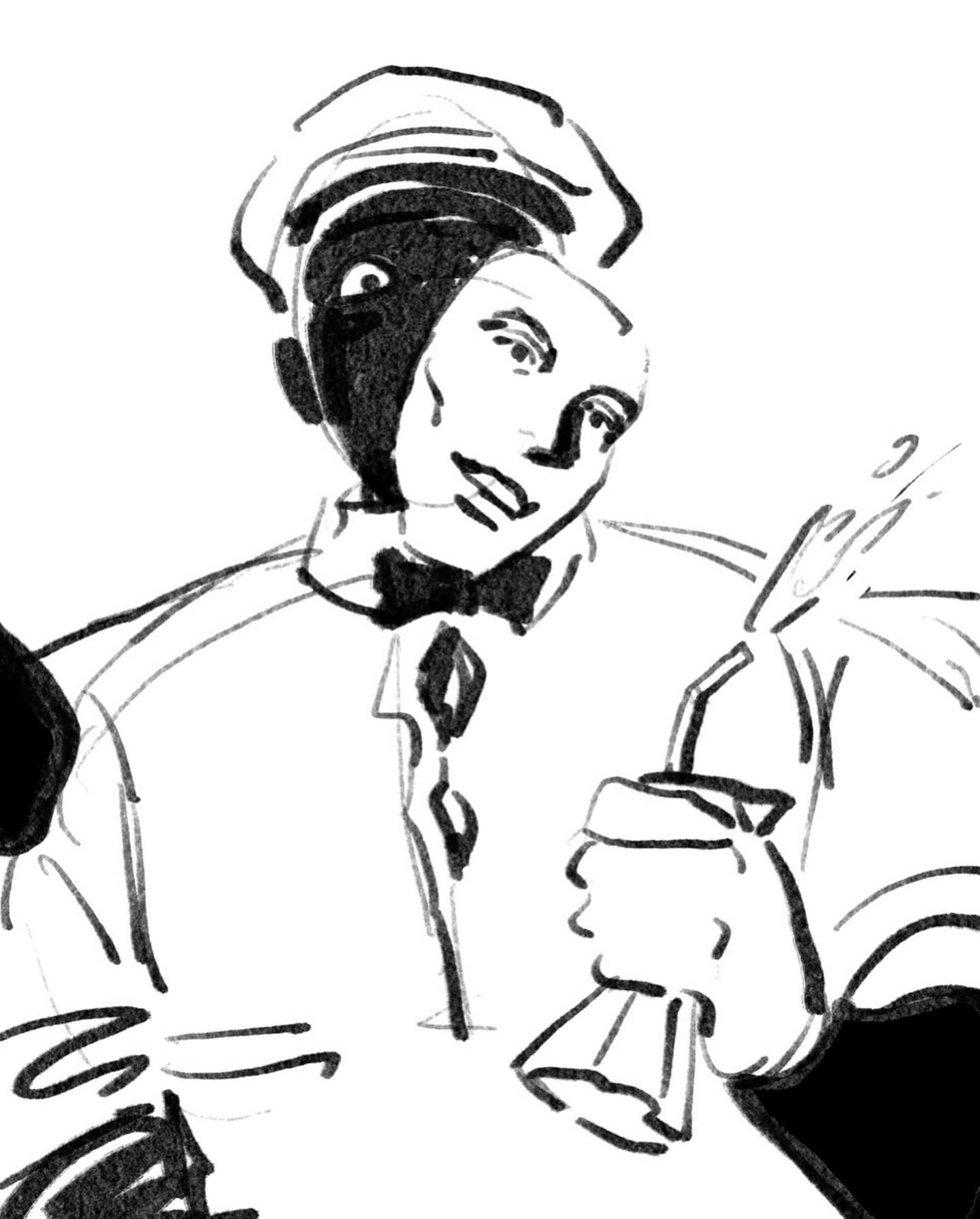 a black and white illustration of a man's face and torso. he's wearing a hat and bow tie, suggesting he may be a bellhop or in a similar profession. he's holding a bottle, possibly champagne, that is spraying its contents. his expression is one of excitement and joy, implying he's at a celebration.