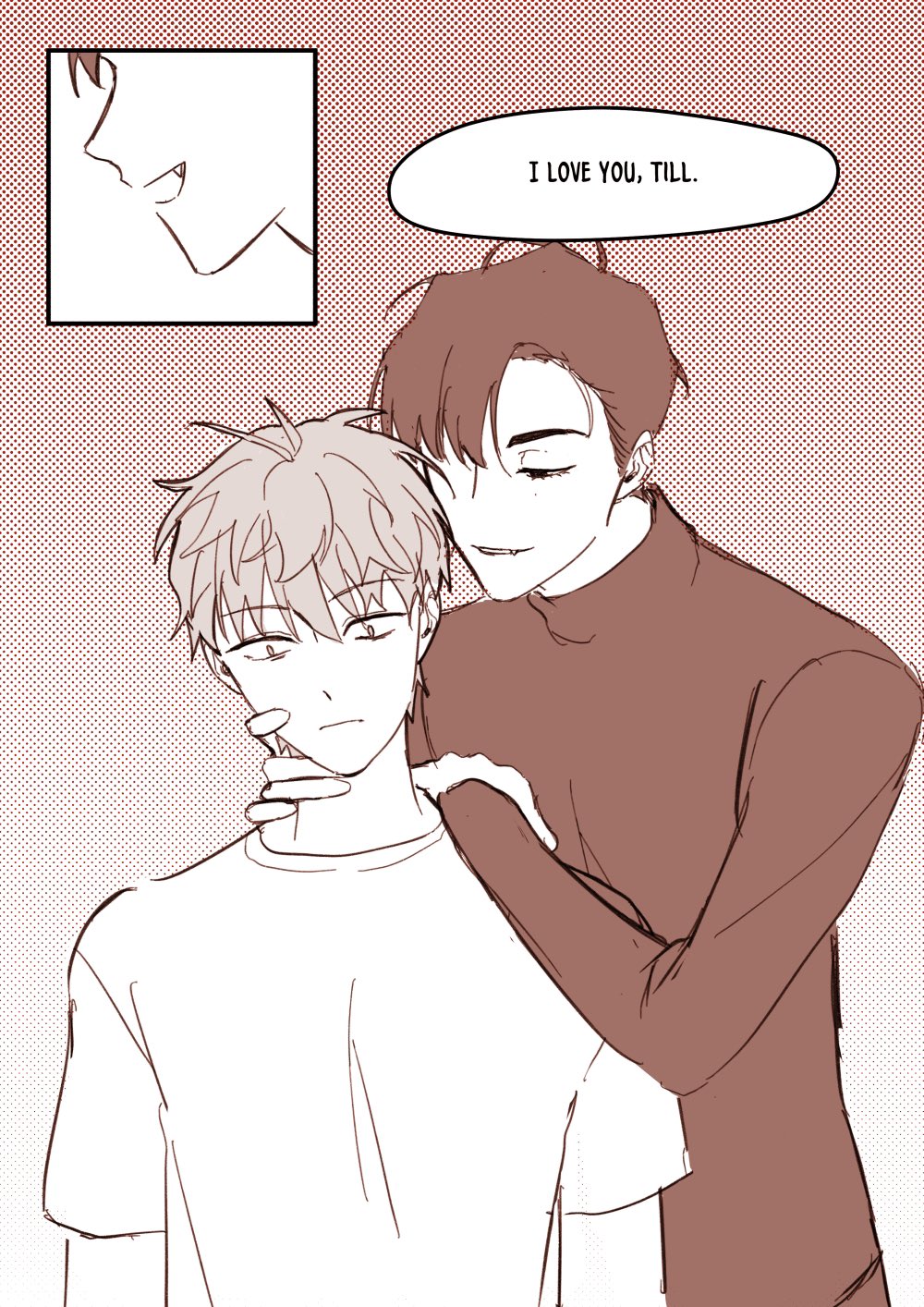 a digital illustration of a cute romantic couple, one guy is hugging the other guy with a blushing face. the text "i love you, till." is visible in a speech bubble.