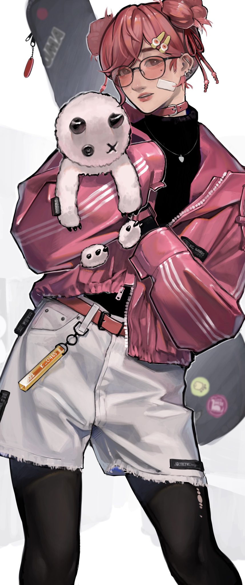the image is a digital illustration of a stylish anime girl. she has vibrant pink hair styled in two buns,  wears glasses, and has a bandage on her cheek. her outfit consists of a bright pink jacket with white stripes, white shorts with frayed edges, and black tights. she carries a plush white bunny toy and a guitar case is visible behind her.  she is accessorized with a keychain, necklace and what appears to be headphones partially visible behind her neck. the overall style is casual yet trendy, incorporating elements of streetwear and anime aesthetics. the artwork is detailed and features a soft color palette.