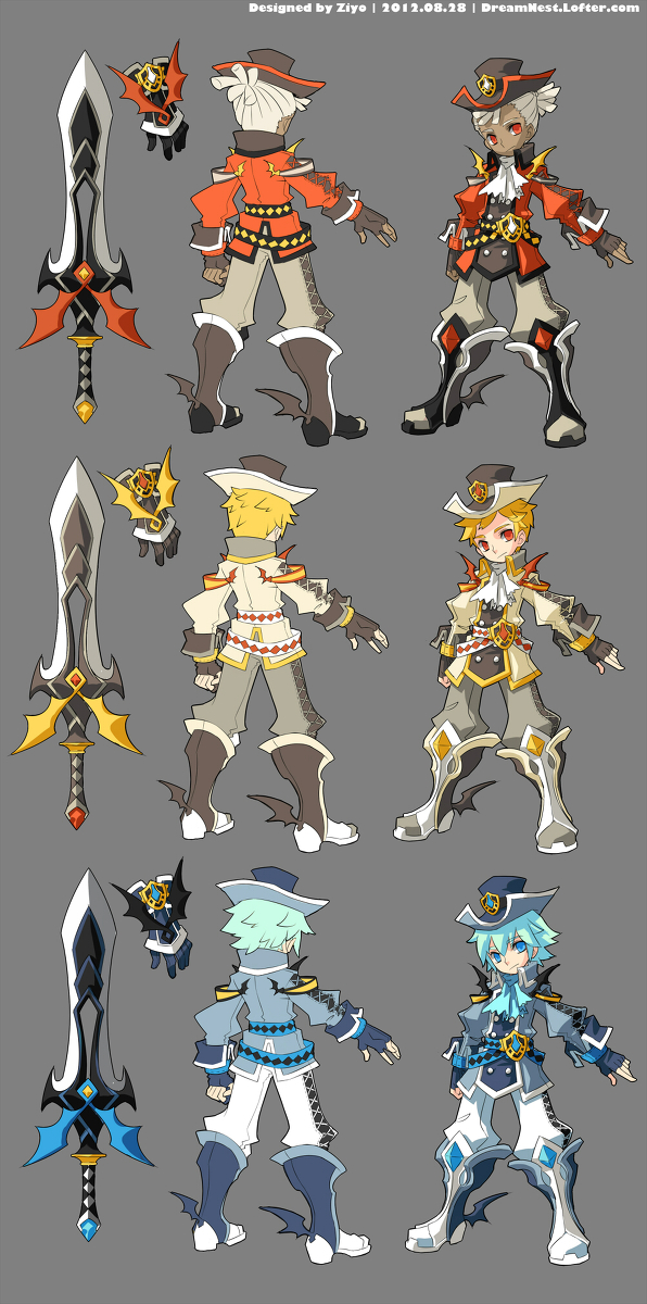 the image showcases concept art for six fantasy characters, potentially from a video game. each character is presented in a slight threequarter view, with their back turned to the viewer. they each wear variations of a similar outfit  a jacket, pants, boots, and gloves  with slight differences in design and color to distinguish them.  three distinct swords with intricate designs are also displayed, likely representing potential weapons for these characters. the color palette leans towards earthy tones with accents of gold and blue.