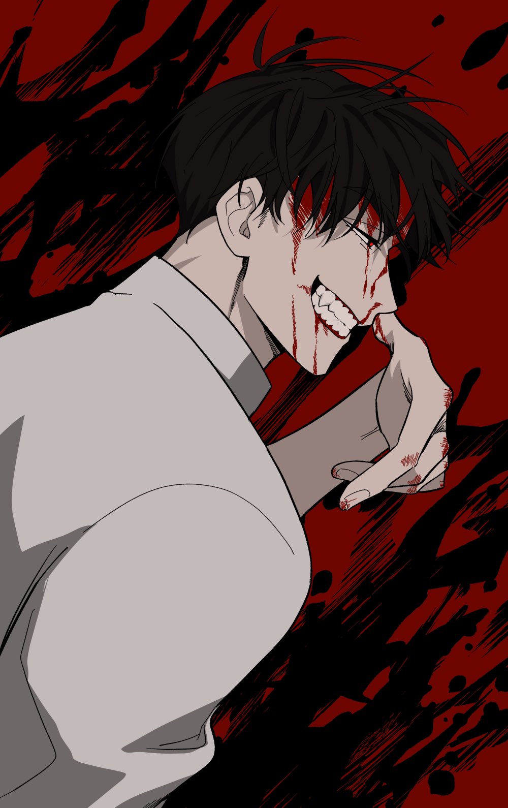 a bloody and sinister anime character with black hair and white shirt is smiling devilishly. he has a red background behind him.