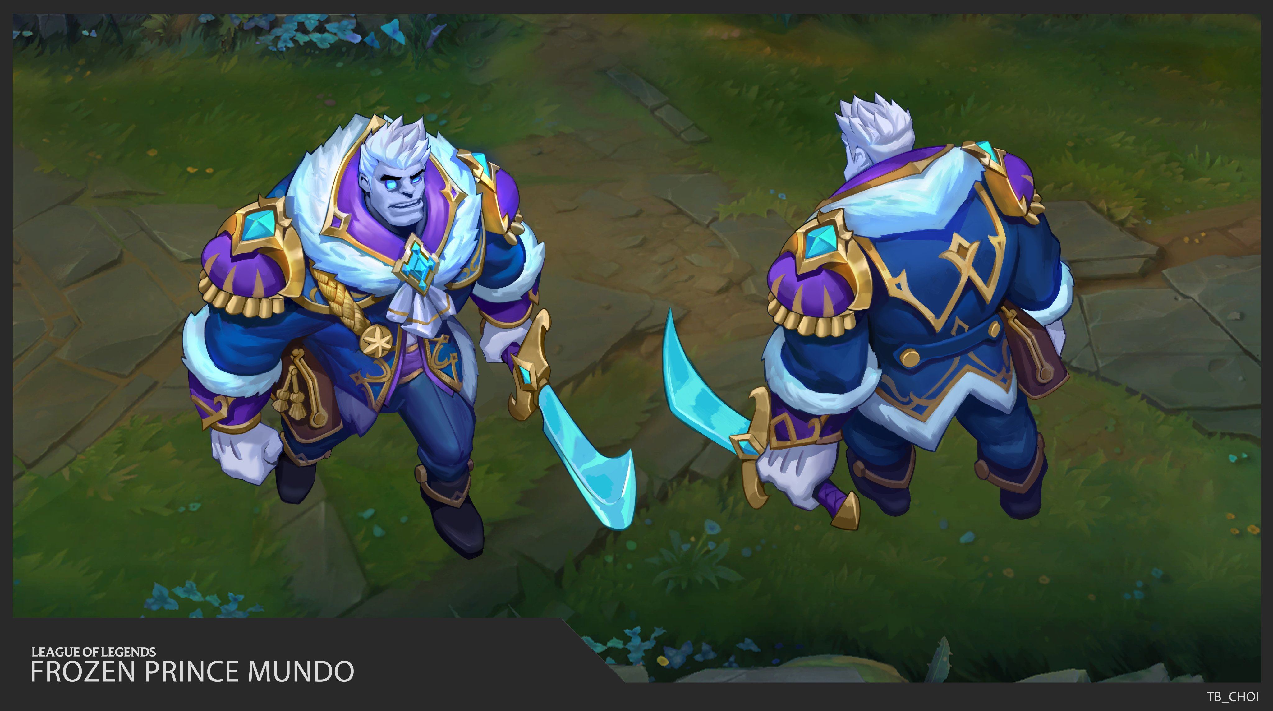 this is a concept art piece for the "frozen prince mundo" skin in league of legends. the image shows two views of mundo, one from the front and one from the back, showcasing his elaborate royal attire, which includes a blue and purple coat, white fur trim, gold accents, and a pair of ornate, icy swords. the artwork is detailed and vibrant, capturing mundo's powerful yet elegant appearance in this skin. the background features a grassy area with stones, setting the scene for the character. the league of legends logo and artist's name are visible at the bottom.