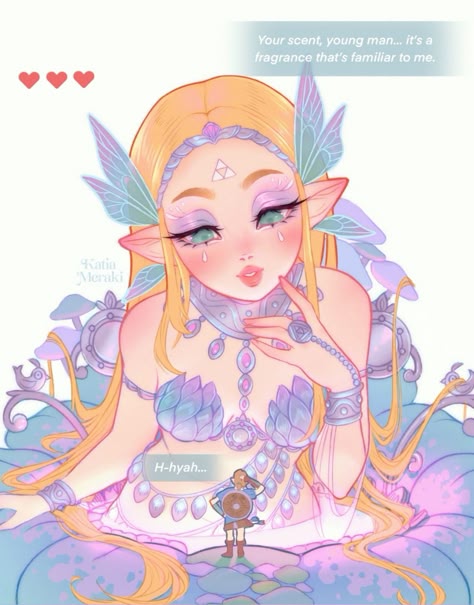 a drawing of princess zelda from the legend of zelda video game series. she is drawn in an anime style and is surrounded by flowers. link is standing at the bottom of the image. she is blushing and looks flustered as she stares at link. the text "hhyah..." is written on the image, as well as the line "your scent, young man... it's a fragrance that's familiar to me." the art is colored with soft, pastel colors and is very whimsical.