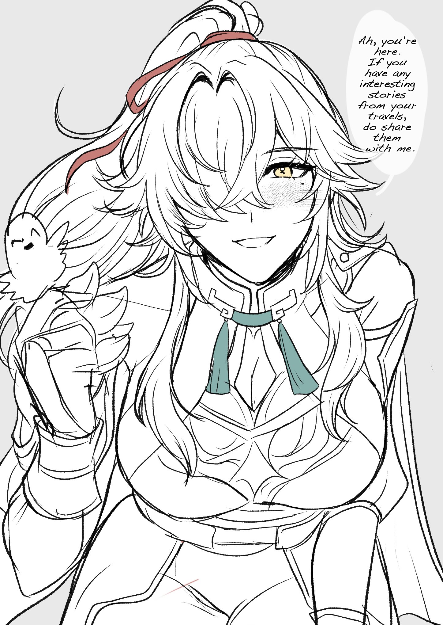 this is a sketch of a woman with white hair and yellow eyes who is smiling and holding a small bird. she is wearing a white dress with a blue sash and is looking at the viewer. she is asking the viewer if they have any interesting stories from their travels and would love to hear them. she appears to be friendly and happy.
