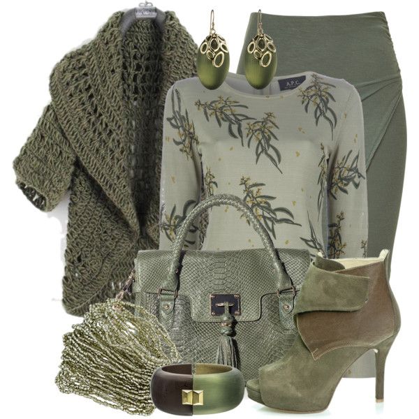 the image shows an outfit consisting of a green cardigan, skirt, and top, along with a green handbag, earrings, bracelet, beaded necklace, and heels. the top has a floral print, and the handbag has a snakeskin texture. the label on the top says "a.p.c." the overall color scheme is green.
