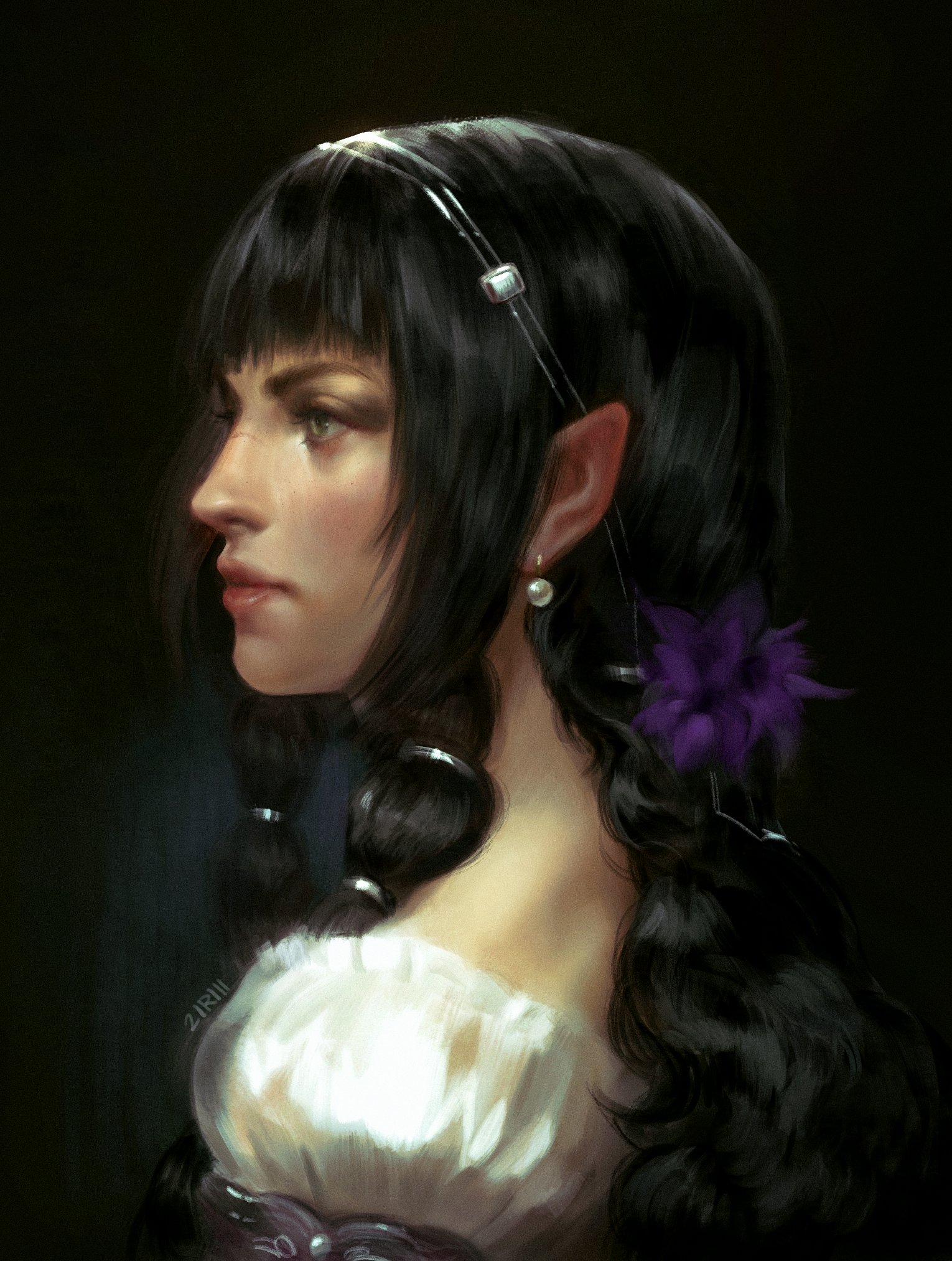 a digital painting depicts an elf woman in profile. she has fair skin, black hair with bangs and braids adorned with silver rings, and pointed ears with pearl earrings. she wears a headband and a white dress with purple accents. a purple flower is pinned in her hair behind her ear. the background is dark.