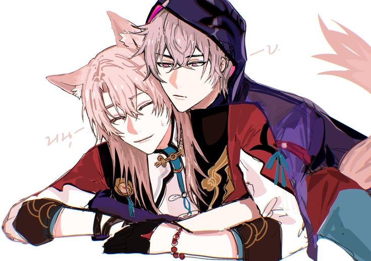 the image is a digital fanart depicting two animestyle boys in a close and affectionate embrace. the boy on the bottom has long, light pink hair and fox ears, and wears a red and gold outfit. he's resting his head on the chest of the boy above him. the boy on top has light purple hair, a dark purple hooded cloak, and a red and gold outfit underneath.  they're both smiling gently at one another. the art style is reminiscent of manga, with soft shading and attention to detail in their clothing. the overall mood is one of tenderness and intimacy between the two characters, suggesting a romantic or deeply affectionate relationship.