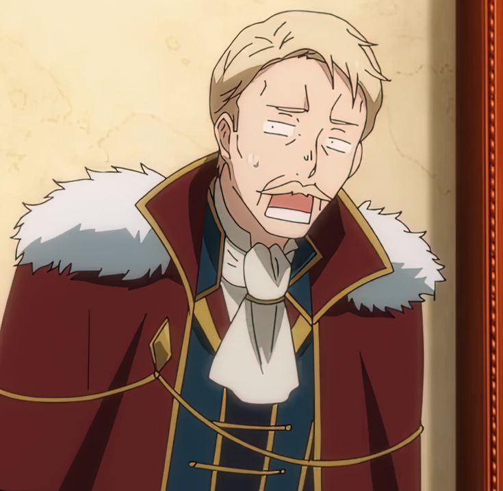 this image shows a surprised anime character with white hair, wearing a red coat with a fur collar. the character has a shocked expression on his face and his eyes are wide open. he is wearing a white collar with a gold chain and gold buttons. the character looks worried and concerned.