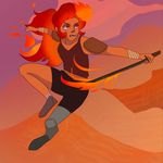 a fieryhaired woman in a black and red outfit leaps through the air with a fiery sword in her hand. she appears to be in the middle of a dynamic action sequence, her red hair and fiery energy radiating outward. her expression is fierce and determined as she moves with speed and power. the background is a blend of warm orange and red tones, suggesting a fiery or energetic environment.  the overall style of the image is vibrant and dynamic, conveying a sense of action and excitement.