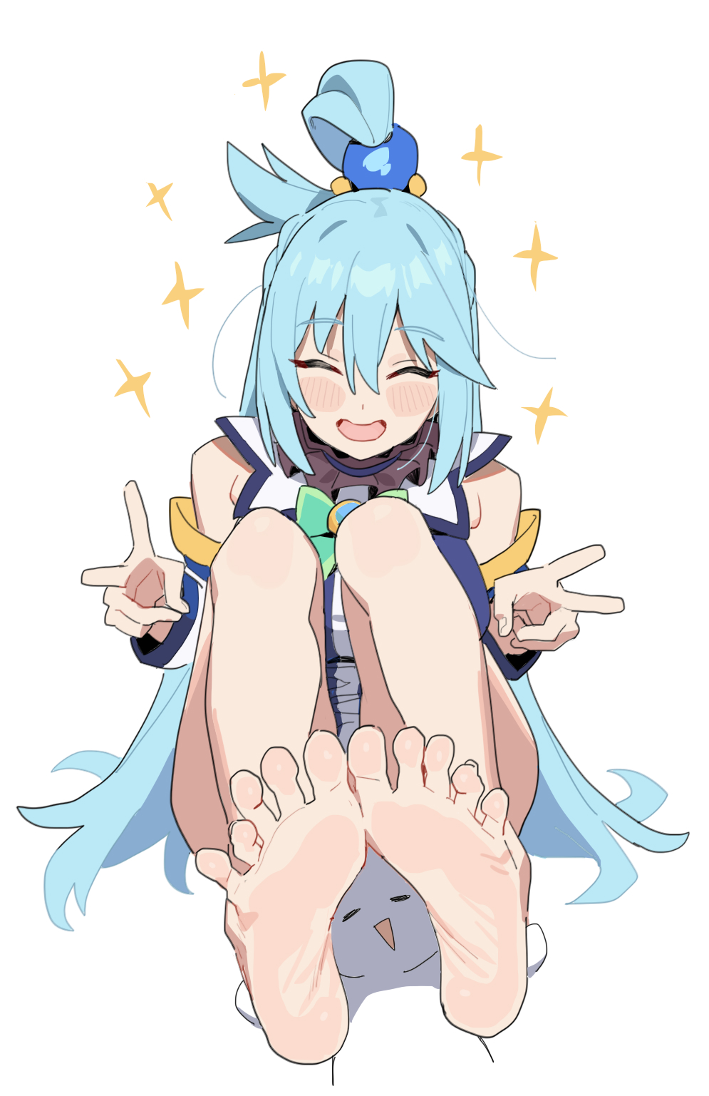 the image shows an anime girl, aqua from konosuba, smiling and holding up peace signs with both hands. she has blue hair and is barefoot, with her toes prominently displayed. beneath her feet is a small, stylized penguin. yellow stars surround her head.