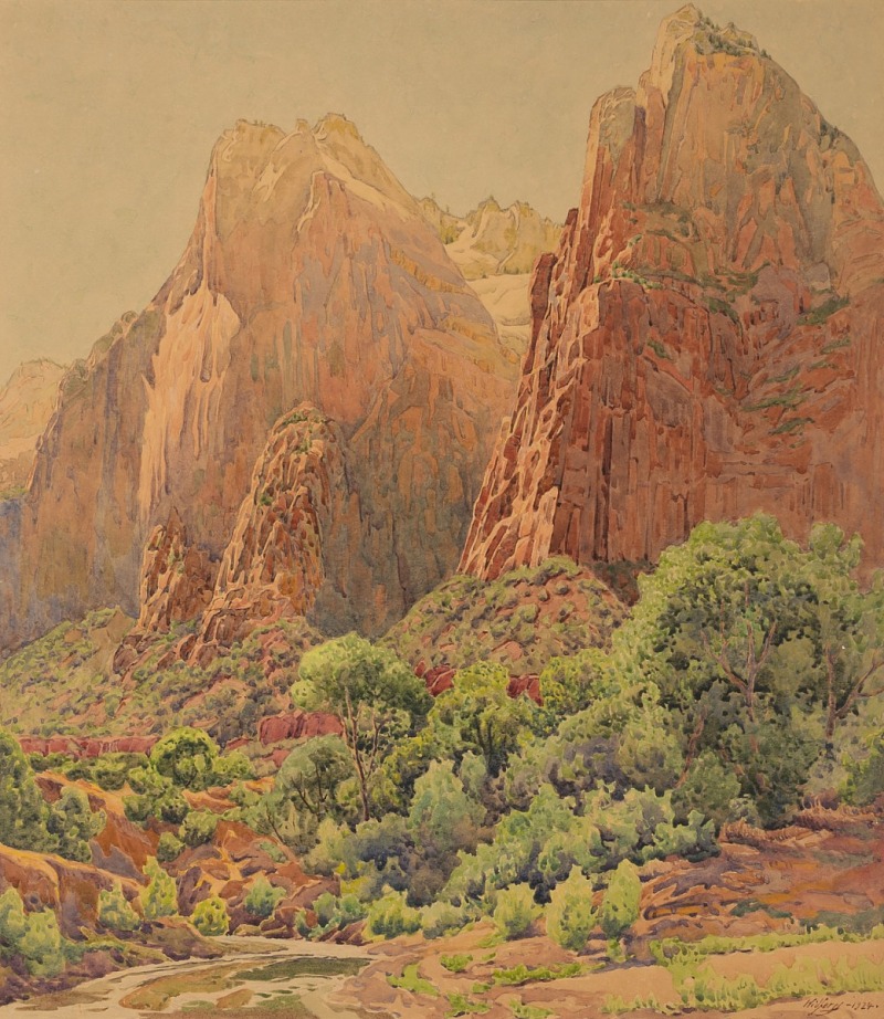 a watercolor painting depicts a landscape featuring red rock mountains and a canyon. the mountains are tall and steep, with distinctive rock formations. green trees and foliage grow at the base of the mountains and along the canyon floor. a small stream flows through the canyon. the overall scene captures a sense of grandeur and natural beauty. the painting is likely a depiction of zion canyon.