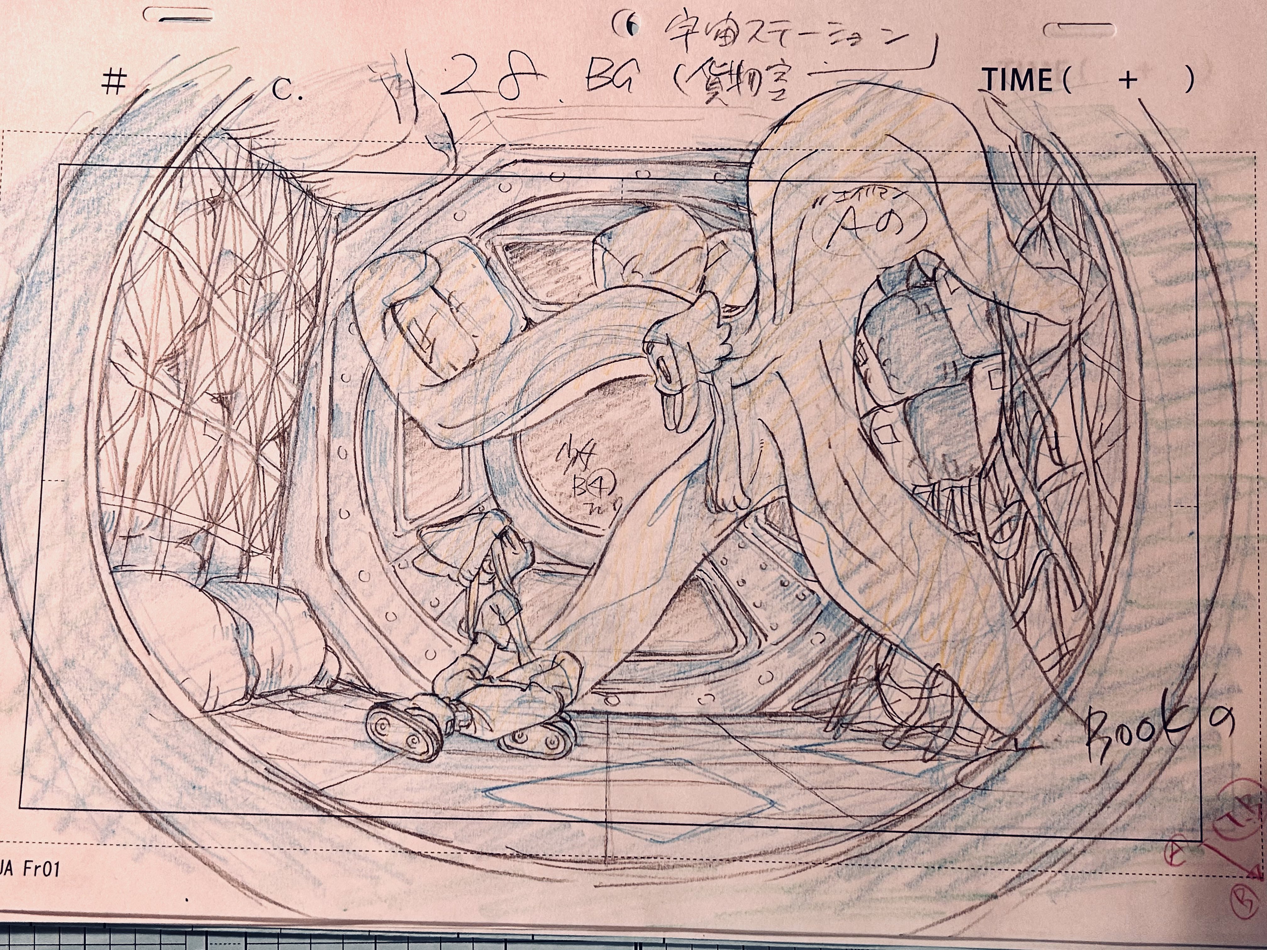 /h4>this is a storyboard panel of an interior space. the perspective is from above, looking down at a circular doorway or window. there is a figure barely visible in the doorway. the style of drawing is loose and suggestive, with lots of line work and hatching to indicate form and shadow. the overall impression is one of movement and energy. the handwritten annotations suggest that this is for an animation or film project.