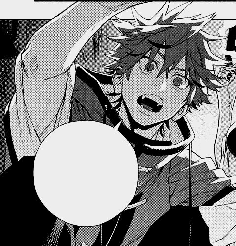 a closeup shot of a manga character. the character is a young boy with spiky hair. the boy has an expression of surprise and shock on his face. he is looking directly at the viewer with his mouth open and his teeth showing.  his eyes are wide open and his eyebrows are raised. there is a speech bubble above his head. the image is in black and white.