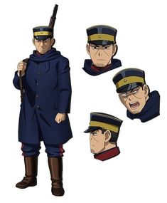 this is a character design sheet, likely for animation or comics.  it shows a man in a blue military uniform, black boots, and a brown scarf. he is holding a rifle in his left hand, and is facing forward. there are 3 additional headshots showcasing different angles and expressions of the character.