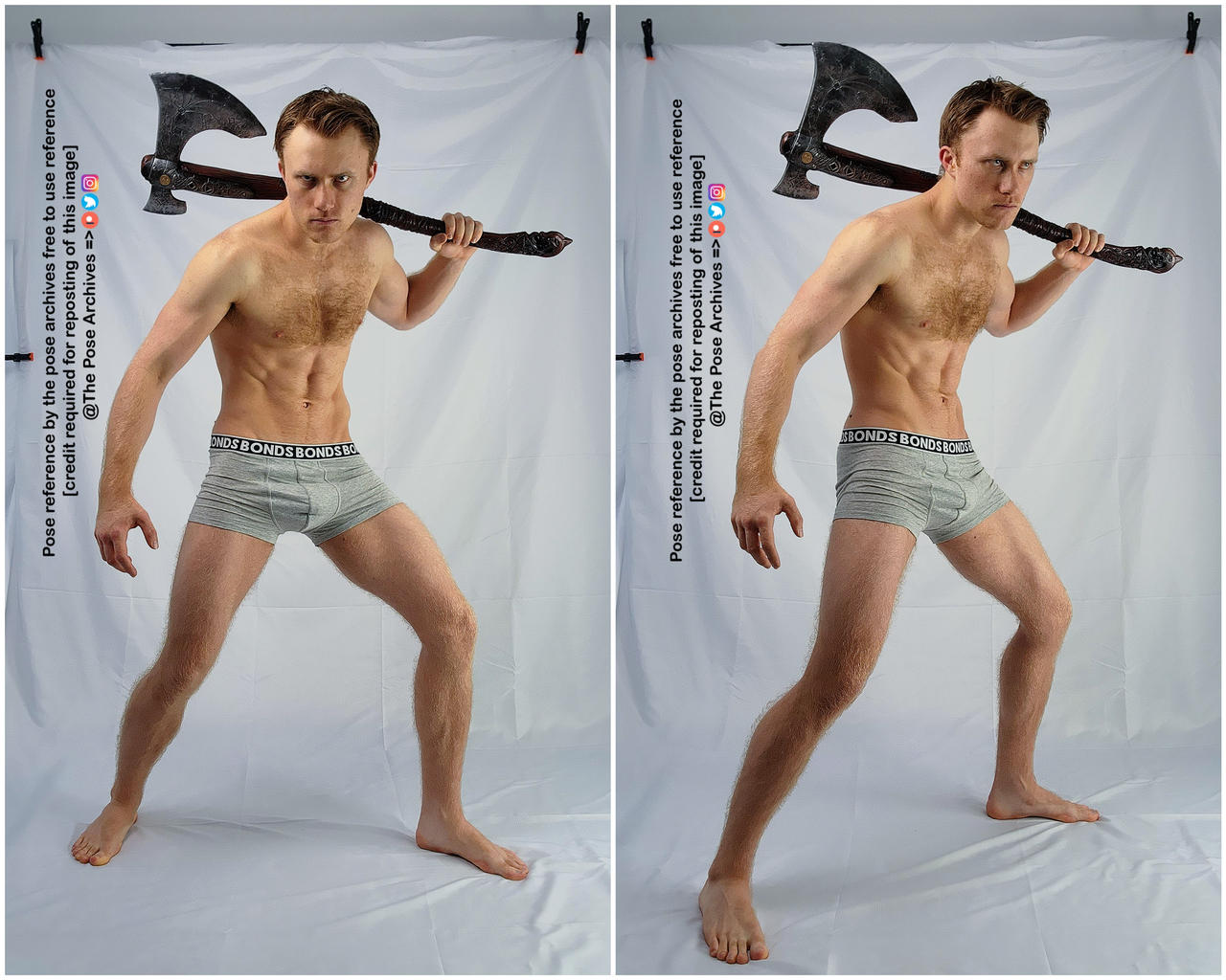 the image is a diptych featuring the same muscular man in two slightly different poses. he stands against a plain white backdrop, wearing only grey boxer briefs. he holds a large, doubleheaded axe in a dynamic, readytostrike pose. the left image shows him facing forward, while the right image captures him from a slightly angled perspective, emphasizing his physique and the axe's imposing size. text overlaid on the image clarifies its use as a free reference for artists, with credit required for reposting.